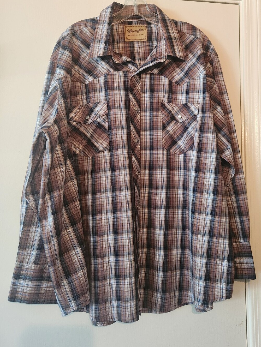 Wrangler Vintage Western Tan Black Blue Plaid Pearl Snap Men Size 3XL EUC